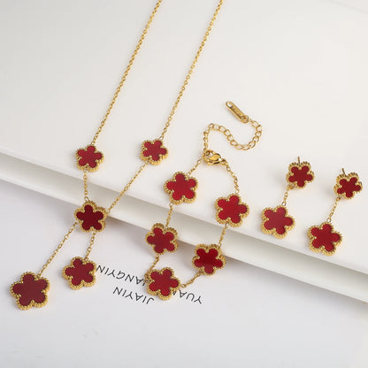 Stainless Steel Hot Sale Five Leaf Flower Gold Color Clover Jewelry Set Bracelet Necklace Earrings High Quality Luxury  Jewelry
