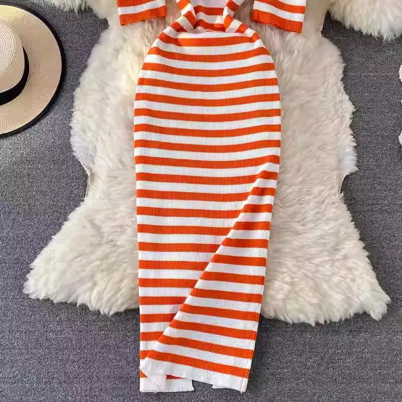 YuooMuoo Women Dress 2024 Summer Casual All Match Puff Sleeve Stripes Knitted Long Dress Female Bodycon Outfits Vestidos