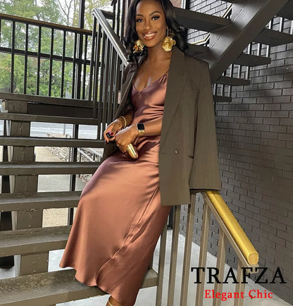 TRAFZA Women Sexy Satin Long Dress Thin Strap Backless Slim Long Dress New 2025 Fashion Glamorous Dinner Party Nightwear Dress