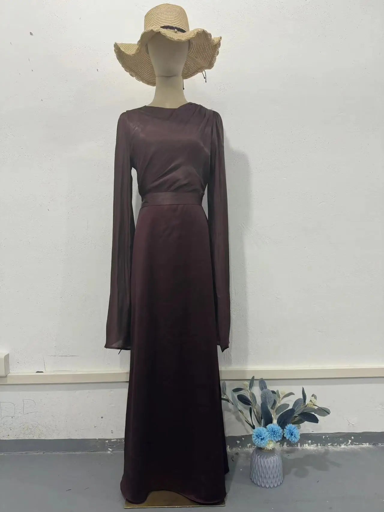 Women Elegant O Neck Swing Sleeve Slim Sheath Folds Long Dress Spring Summer Party Maxi Dresses