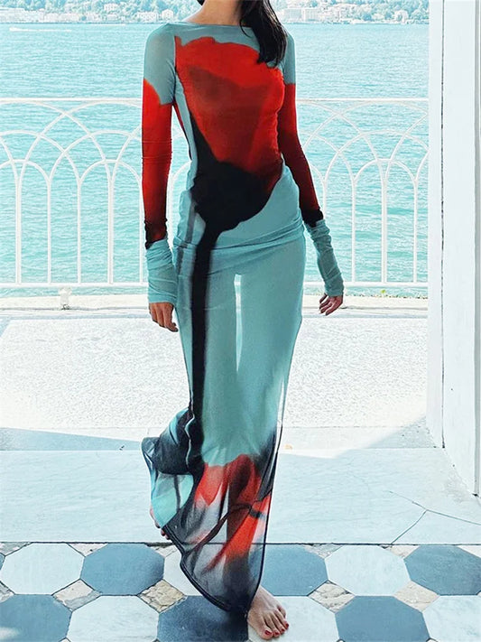 Women’s Sheer Mesh Flower Long Dress Long Sleeve Boat Neck Boydcon Split Midi Dress Summer Fall Cover-up Dress for Beach Club