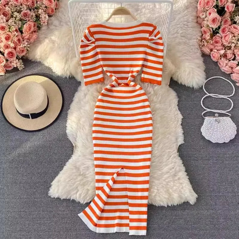 YuooMuoo Women Dress 2024 Summer Casual All Match Puff Sleeve Stripes Knitted Long Dress Female Bodycon Outfits Vestidos