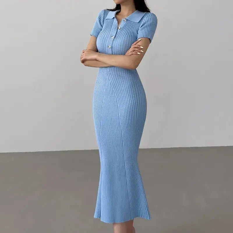 OCEANLOVE Mermaid Ruffles Dresses for Women Knitted Solid Single Breasted Sexy Vestidos Mujer Fashion Spring Summer Long Dress