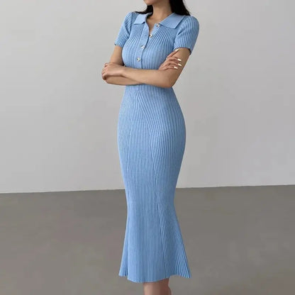 OCEANLOVE Mermaid Ruffles Dresses for Women Knitted Solid Single Breasted Sexy Vestidos Mujer Fashion Spring Summer Long Dress