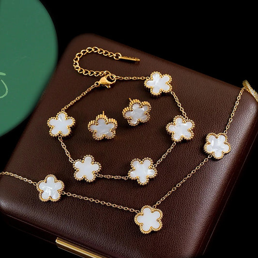Stainless Steel Hot Sale Five Leaf Flower Gold Color Clover Jewelry Set Bracelet Necklace Earrings High Quality Luxury  Jewelry