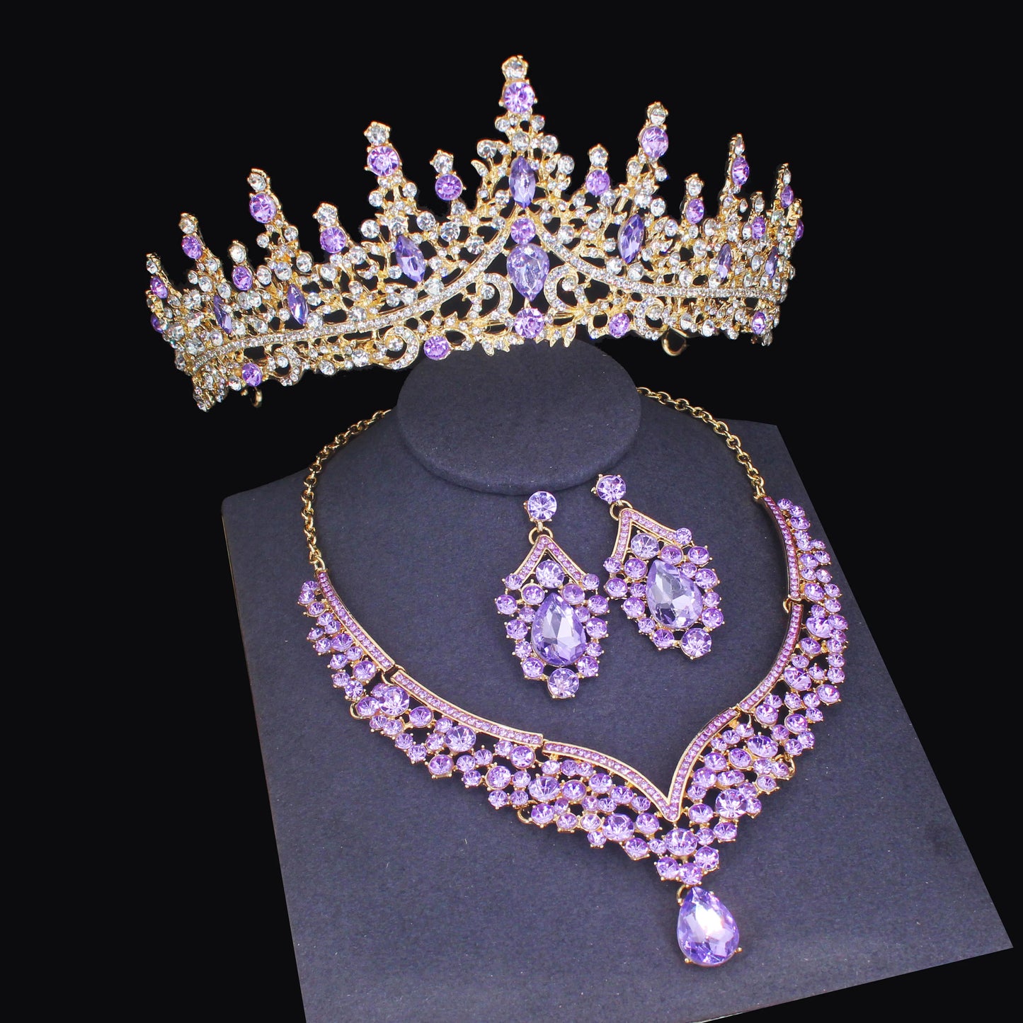 Pink Crystal Bridal Jewelry Sets For Women Girl Princess Tiara/Crown Earring Necklace Wedding Pageant Prom Jewelry Accessories