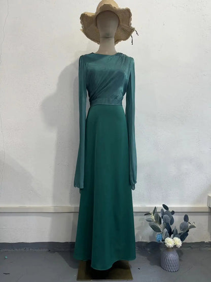 Women Elegant O Neck Swing Sleeve Slim Sheath Folds Long Dress Spring Summer Party Maxi Dresses