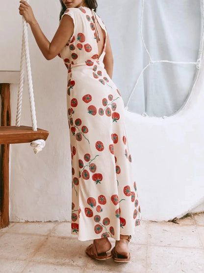Women's Long Slim Tank Dress Summer Sleeveless Open Back Deep V Neck Floral Print Dresses Casual Elegant Long Dress