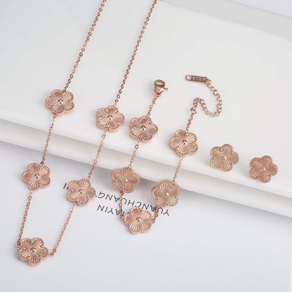 Stainless Steel Hot Sale Five Leaf Flower Gold Color Clover Jewelry Set Bracelet Necklace Earrings High Quality Luxury  Jewelry
