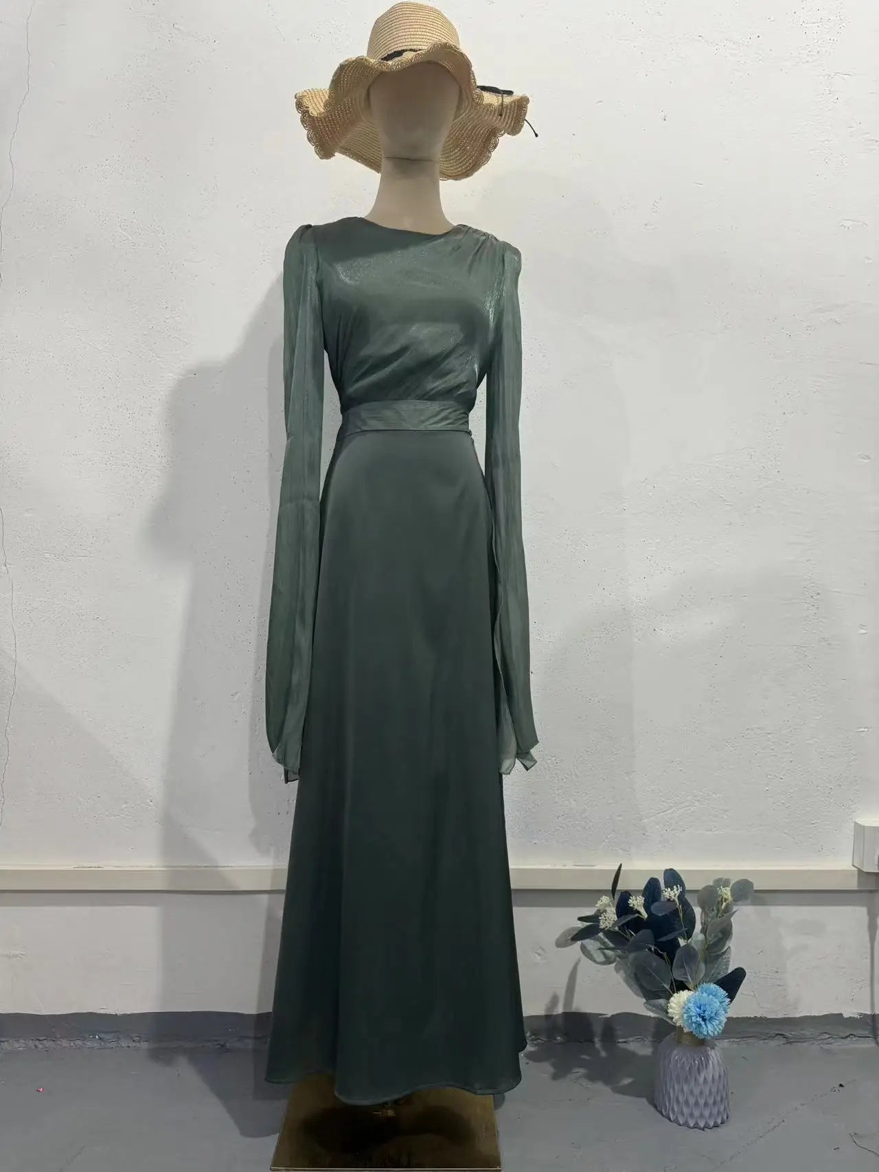 Women Elegant O Neck Swing Sleeve Slim Sheath Folds Long Dress Spring Summer Party Maxi Dresses