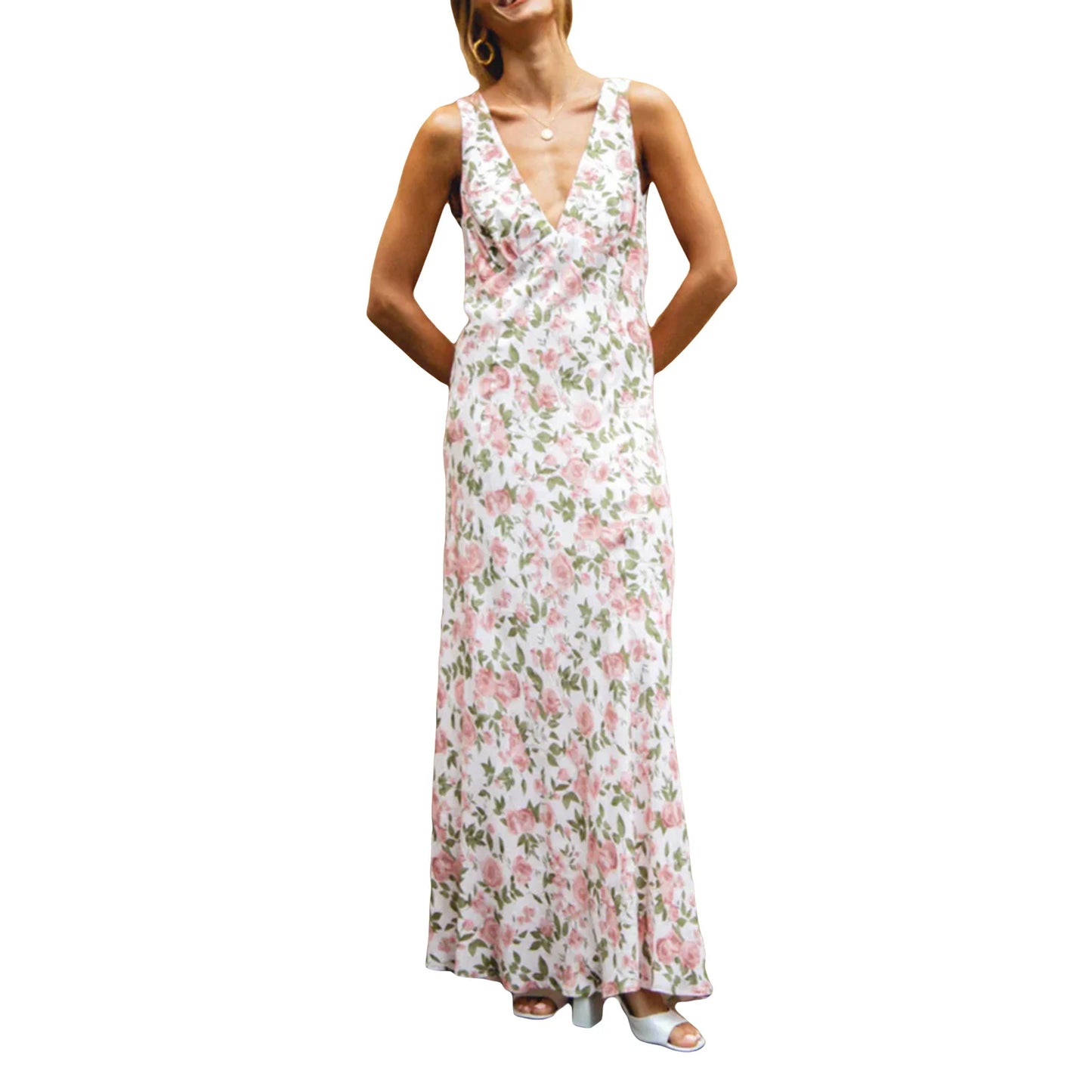 Women's Long Slim Tank Dress Summer Sleeveless Open Back Deep V Neck Floral Print Dresses Casual Elegant Long Dress