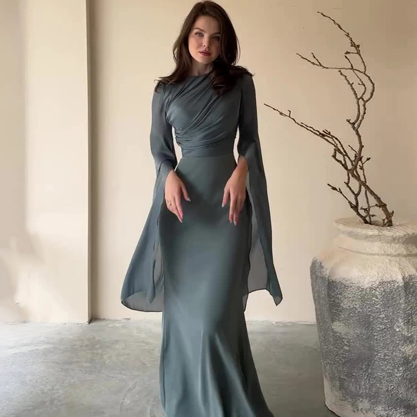 Women Elegant O Neck Swing Sleeve Slim Sheath Folds Long Dress Spring Summer Party Maxi Dresses