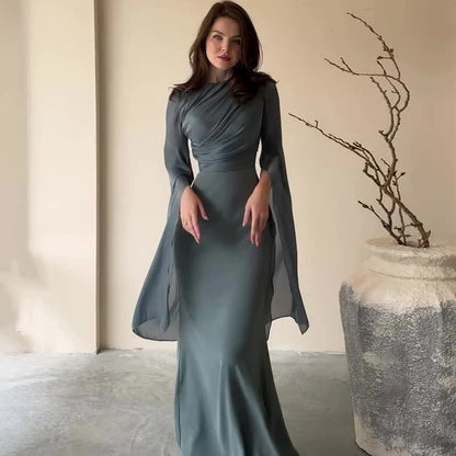 Women Elegant O Neck Swing Sleeve Slim Sheath Folds Long Dress Spring Summer Party Maxi Dresses