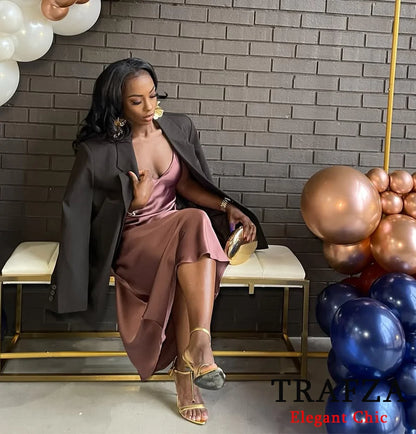 TRAFZA Women Sexy Satin Long Dress Thin Strap Backless Slim Long Dress New 2025 Fashion Glamorous Dinner Party Nightwear Dress