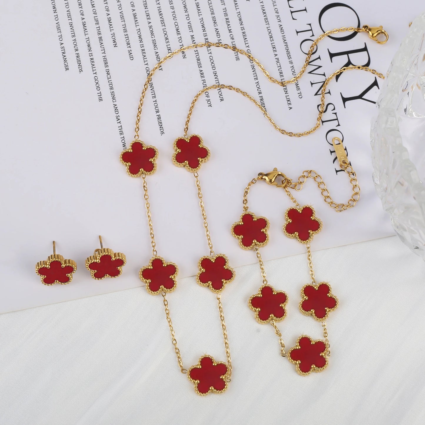 Stainless Steel Hot Sale Five Leaf Flower Gold Color Clover Jewelry Set Bracelet Necklace Earrings High Quality Luxury  Jewelry